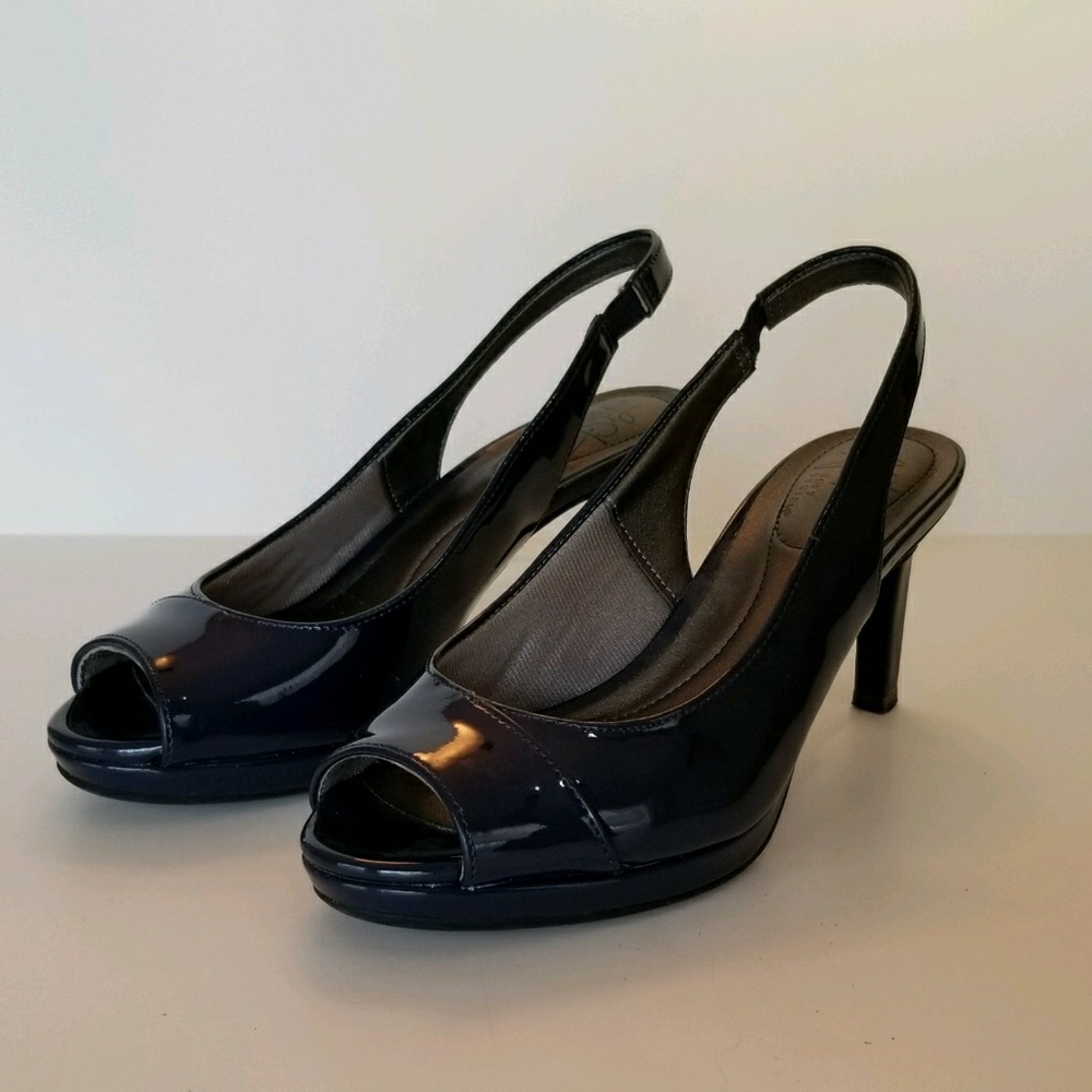 Life Stride navy, open toe, slingback heels